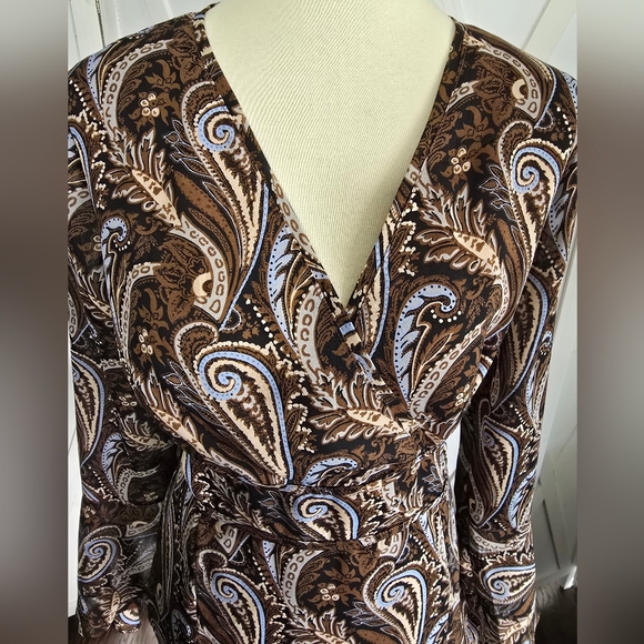 Milano - Brown Paisley Wrap Blouse with Blue Accents & Long Bell Sleeves - Picture 2 of 10